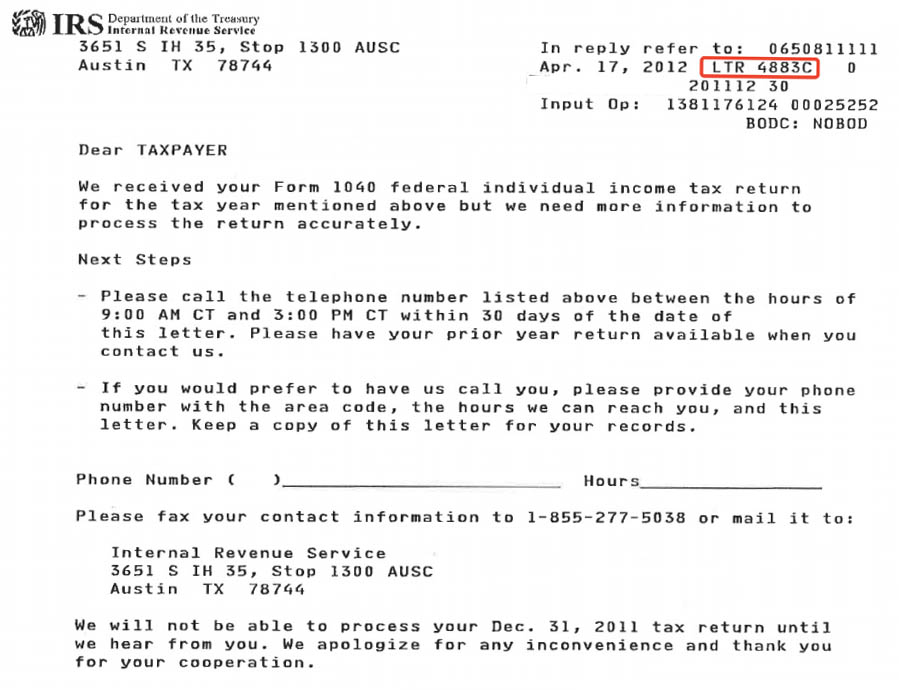 IRS LTR 4883C, Potential Identify Theft