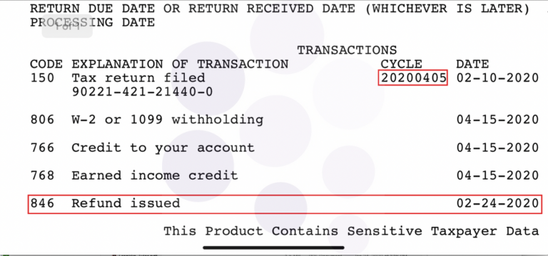 2020 IRS Transcript With 846 Refund Issued Code